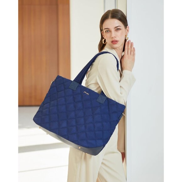 Prite Women Blue Polyester Compartment Quilted Puffer Shoulder Tote Work Bag - Picture 7 of 7